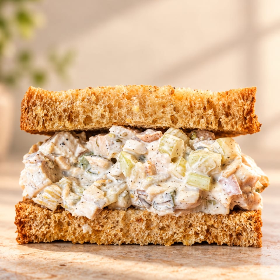 Close-up of a creamy chicken salad sandwich with celery and herbs on toasted, porous bread.