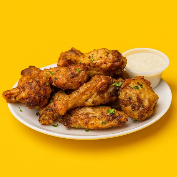 A white plate of golden-brown chicken wings with parsley flakes and a side of dipping sauce.
