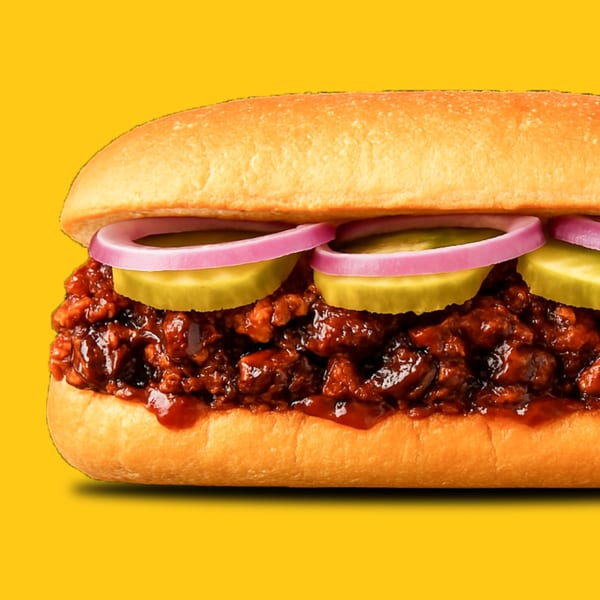 Jay's Deli sloppy joe sandwich with pickles and red onions on a yellow background.