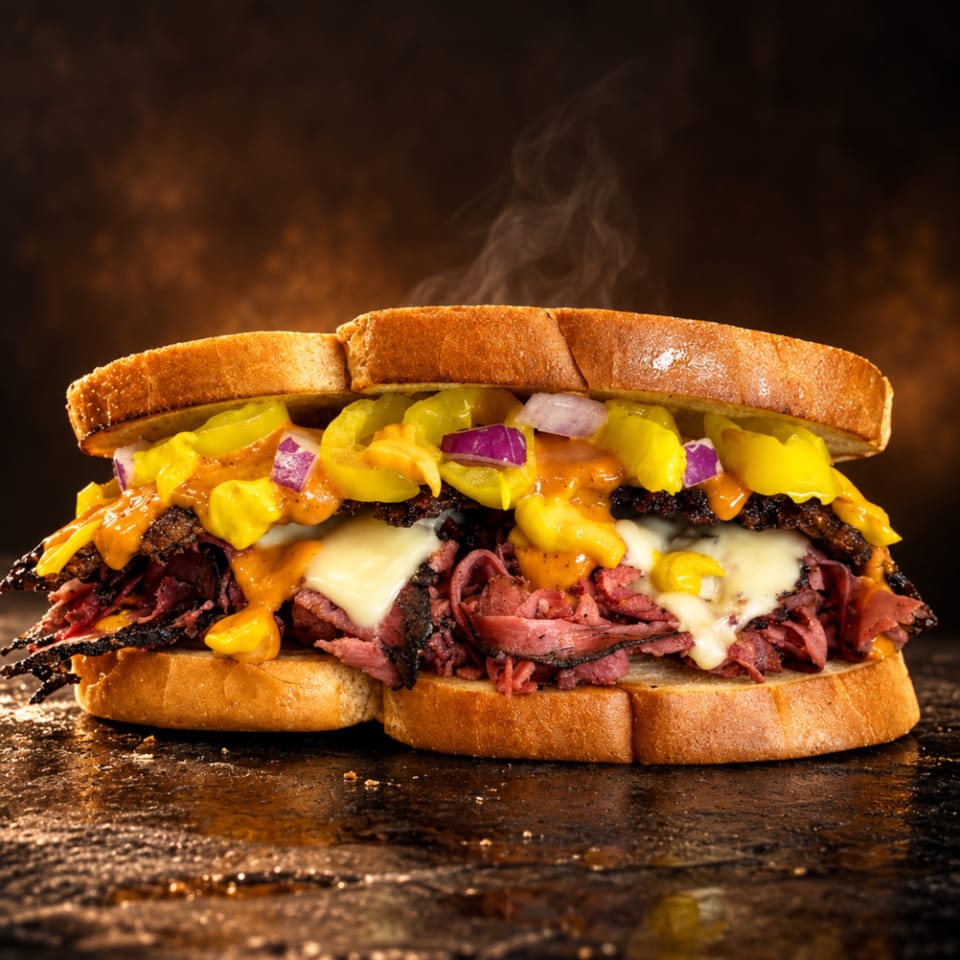 Loaded toasted sandwich with roast beef, melted cheese, pickles, onions, and sauce on a dark rustic table.