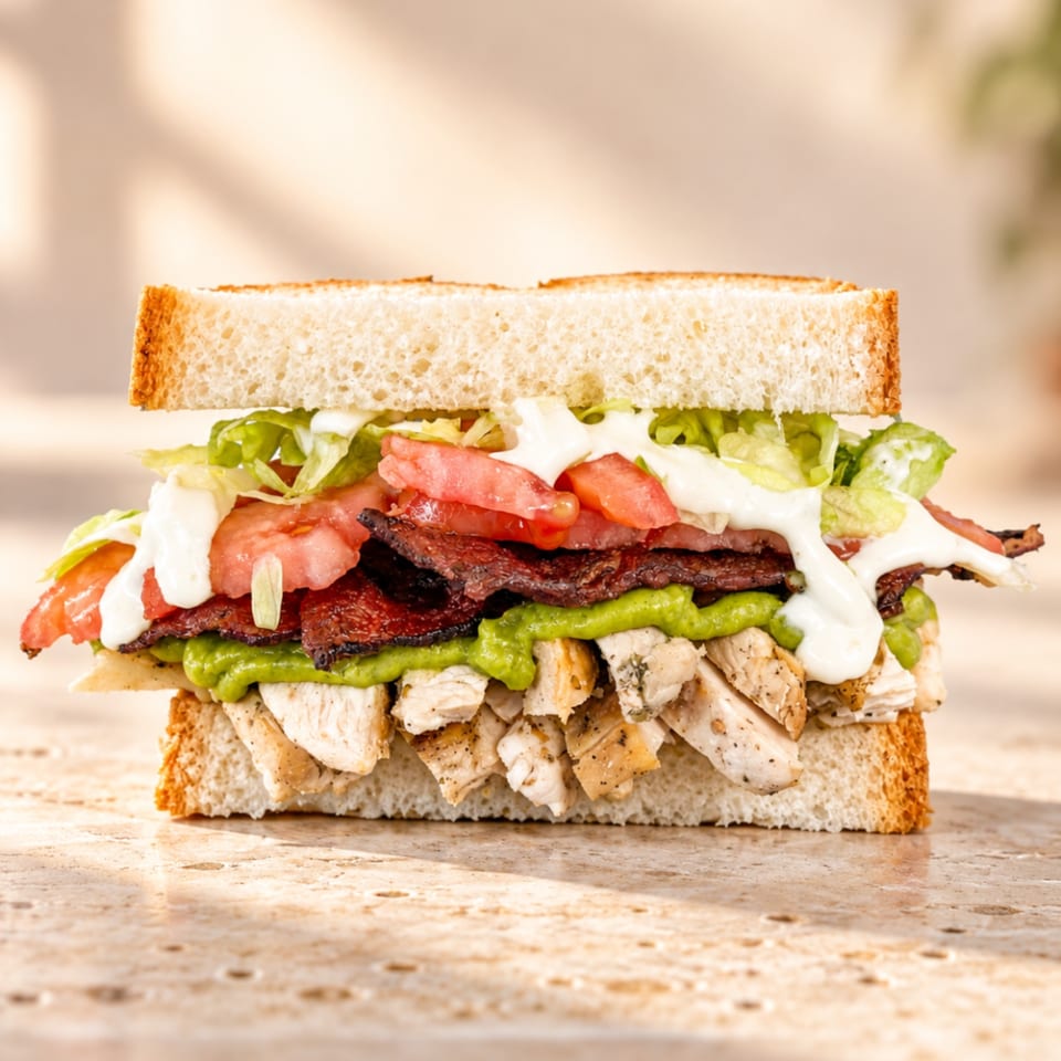 Loaded sandwich with chicken, bacon, tomatoes, lettuce, avocado, and creamy sauce on toasted bread.