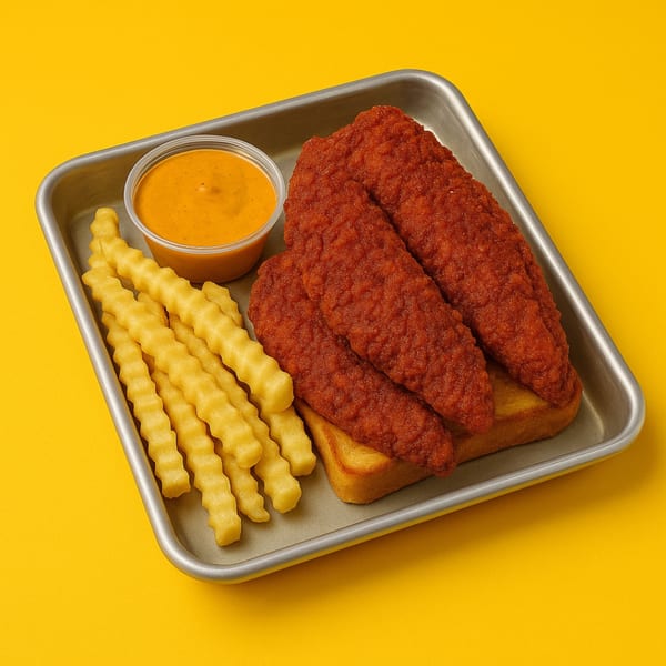 Jay's Deli chicken tenders with crinkle-cut fries and dipping sauce on a metal tray.