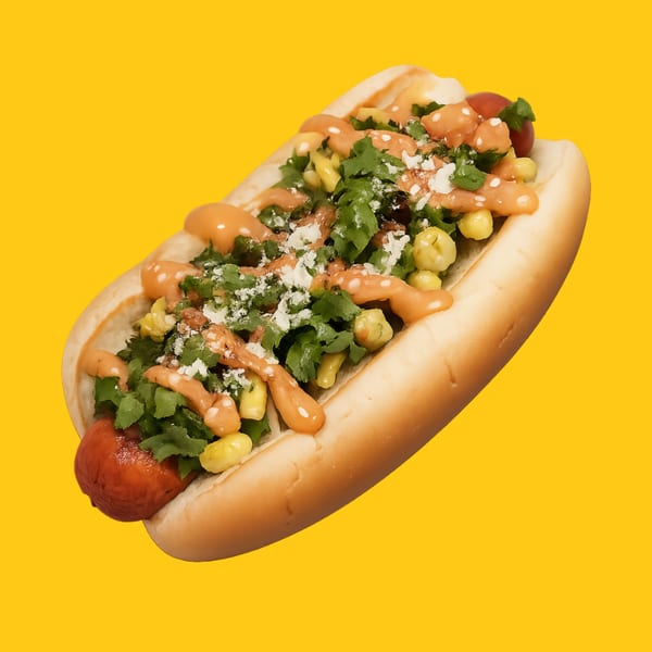 Jay's Deli hot dog with corn, cilantro, cheese, and sauce on a yellow background.
