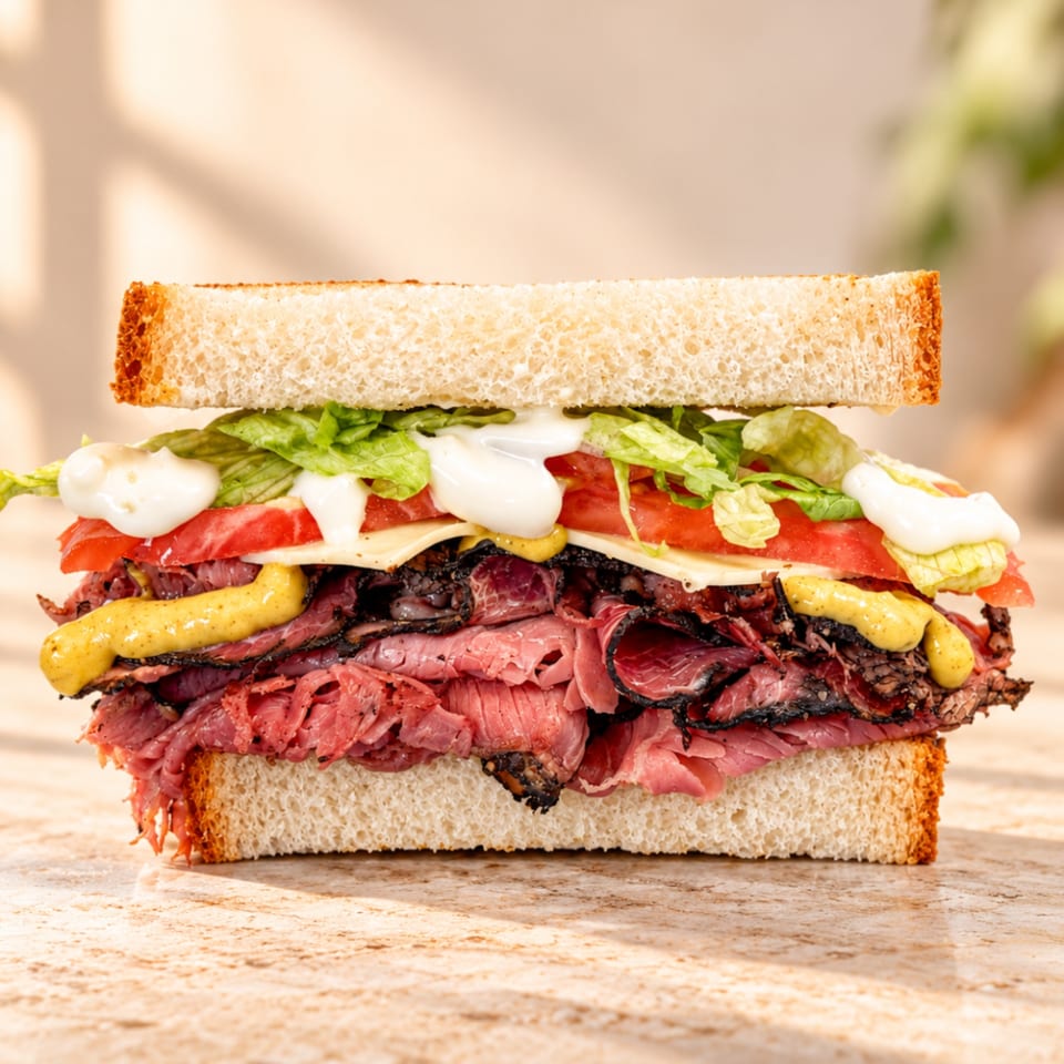 Overstuffed deli sandwich with sliced roast beef, lettuce, tomato, cheese, mustard, and mayonnaise on white bread.